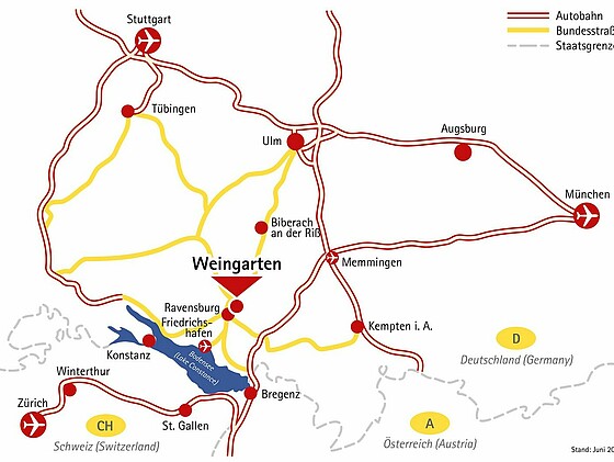 Regional map showing airports and highways to Weingarten